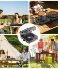 Collage showing 2 Burner Propane Camping Stove With 20,000 BTU Total Heat in outdoor settings, used for cooking meals.