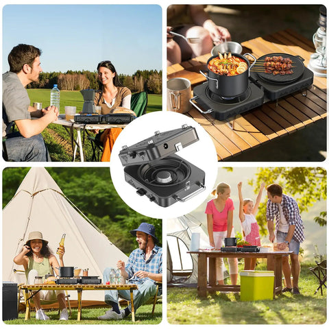Collage showing 2 Burner Propane Camping Stove With 20,000 BTU Total Heat in outdoor settings, used for cooking meals.