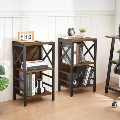 Two Three Tier Industrial Bookcase With Metal Frame And Backboard In Rustic Brown, A Space Saving Dope Storage Solution For Small Spaces