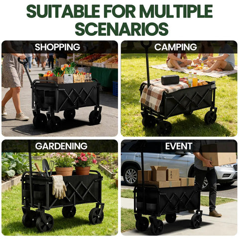 Foldable Wagon With Wheels Grab And Go Portable Collapsible Cart For Camping Groceries Garden And Sports Lightweight 10 Lb Utility Wagon With Flexible Handle Black in various scenarios.