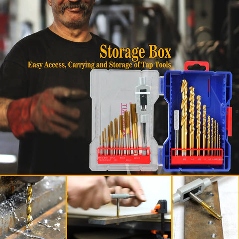 18 Piece Metric Drill And Tap Set With Tap Wrench M2 To M12 HSS Thread Taps And Drills For Metal Working In A Handy Indexed Box Case shown open with drills and taps.