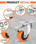 Close-up of Heavy Duty Furniture And Workbench Casters Set Of Four Premium Polyurethane Wheels Dual Locking Brakes showing dual safe brake and bearing.