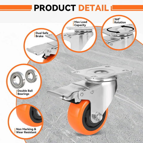 Close-up of Heavy Duty Furniture And Workbench Casters Set Of Four Premium Polyurethane Wheels Dual Locking Brakes showing dual safe brake and bearing.