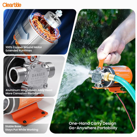 12V DC Water Transfer Pump With Self Priming, 330 GPH Portable Electric Pump in action with copper motor and aluminum alloy head