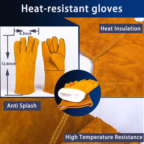 Heat-resistant blue eagle gloves, detailed view with measurements, heat insulation and high temperature resistance labels
