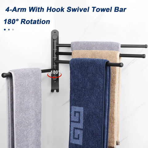 Top Shelf Swivel Towel Rack Built From Solid 304 Steel Spacious Four Arm Wall Mount Bath Station Sporting Rustproof Spin Nifty Side Hook And Chill Matte Black Finish with towels hanging.