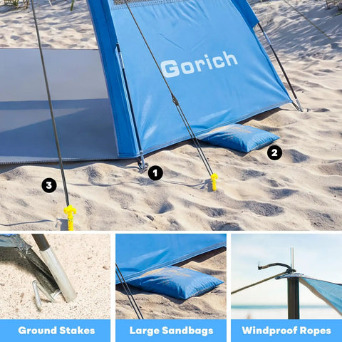 Beach Tent Sun Shelter With Canopy That Pops Up In Minutes, showcasing stakes, sandbags, and ropes for secure setup