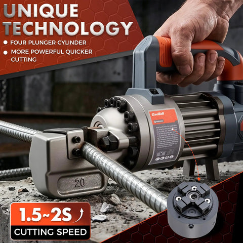 Heavy Duty 3/4 Inch Electric Hydraulic Rebar Cutter RC20B cutting rebar with four plunger pump, showcasing quick cutting technology.