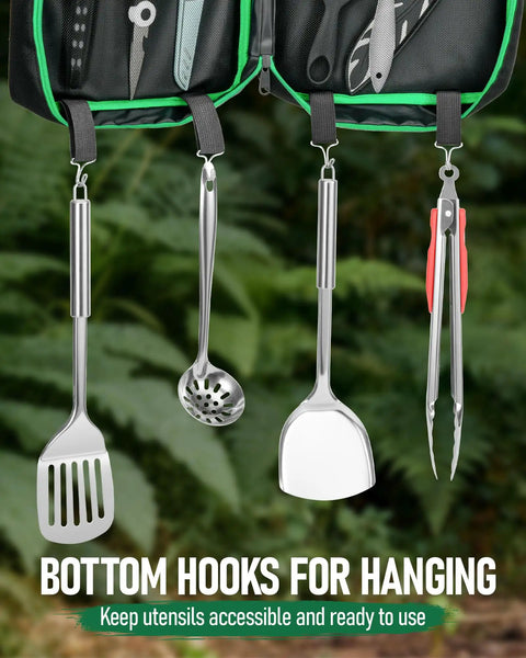 Portable 16-Piece Camping Kitchen Set with grill accessories hanging on hooks, featuring spatula and tongs for RV trips and hiking.