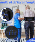Caregiver assisting elderly man with Easy Grab Gait Belt for Seniors with Handles, Transfer Belt with Quick Release Latch, multiple angles shown.