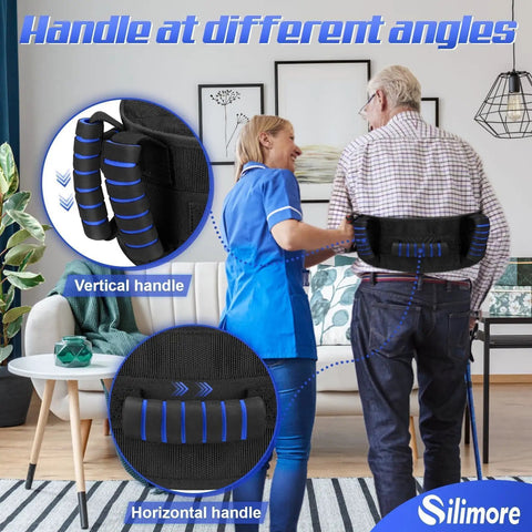 Caregiver assisting elderly man with Easy Grab Gait Belt for Seniors with Handles, Transfer Belt with Quick Release Latch, multiple angles shown.