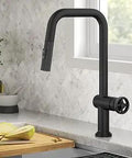 Urbix Industrial Pull Down Kitchen Faucet With Single Handle In Matte Black, High Arc Spout, Diamond Textured Accents, Easy Use Sprayer