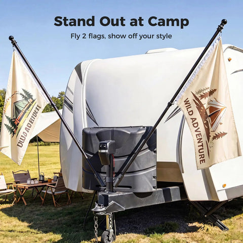 Dual Flag Pole Mount For Trailer Jack Fits Two Inch And Two And Quarter Inch Poles To Display Two Flags At Your Campsite.