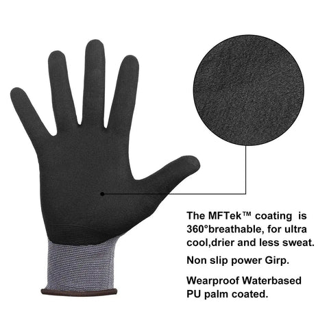 Spandex Liner Nitrile Coated Work Gloves NP1001 12 Pair Large Pack with Micro Foam Grips, black glove with breathable coating.