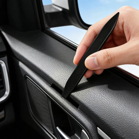 Using a 5 Piece Car Trim Removal Tool Kit With Auto Clip Pry Tools For Door Panels Dashboard Fasteners And Push Pins Easy To Use tool on car door.