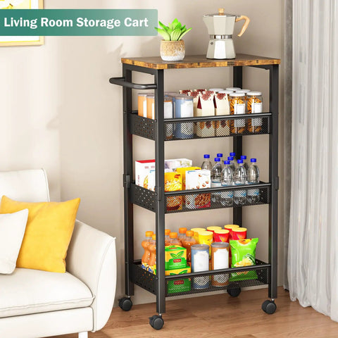 Ultra Durable Slim Utility Storage Cart On Wheels With Wood Top And Metal Frame Four Tier Narrow Rolling Organizer in living room