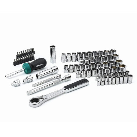 80-Piece 1/4-Inch and 3/8-Inch Vortex Socket Set With Wobble Extension displayed with ratchet driver and hex bits
