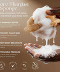 Hands holding African Net Sponge Exfoliating Bath Loofah with rich lather for deep cleansing body scrubber, stretchy nylon mesh visible.