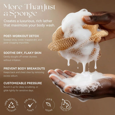 Hands holding African Net Sponge Exfoliating Bath Loofah with rich lather for deep cleansing body scrubber, stretchy nylon mesh visible.