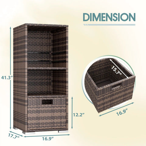 Outdoor Pool Towel Rack And Rattan Wicker Storage Cabinet Shed With Shelves And Drawer Waterproof Patio Organizer No Fuss in brown, dimensions shown.