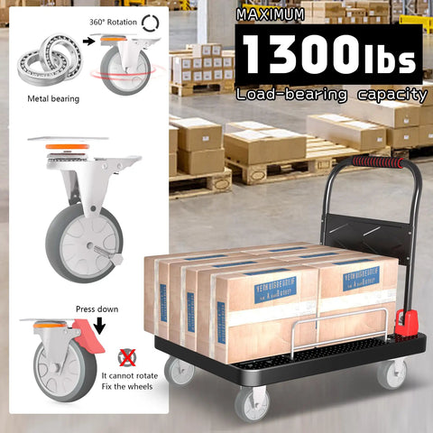 Heavy Duty Flatbed Cart With Wheel Brakes And Foldable Platform Truck Built Tough To Haul Heavy Loads Without Breaking A Sweat in use, showing loaded boxes.