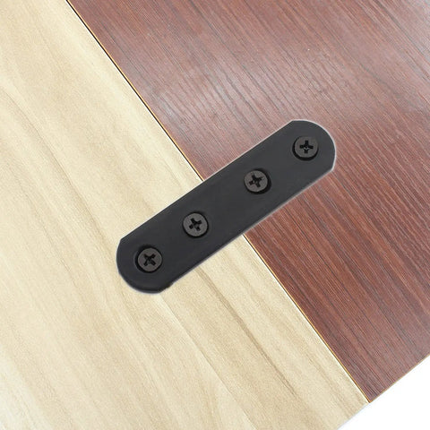Heavy Duty Black Iron Flat Mending Plates For Wood, 4 Pack Sturdy Straight Brace Brackets on wood surface with screws.