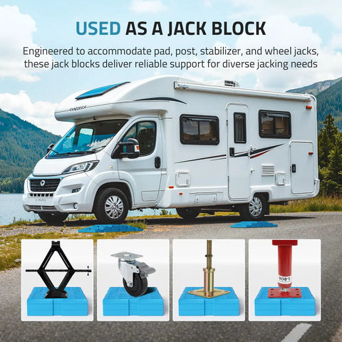 Heavy Duty Rv Leveling Blocks 12 Pack With Velcro Straps Interlocking Stackable Jack Pads For Camper Travel Trailer Adjustable Height No Sweat Setup Rock Solid Blue used under a camper for jack support.