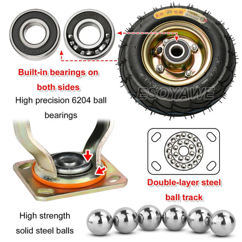 Built Tough Heavy Duty Pneumatic Casters 250 Millimeter Rubber Wheels 4 Pack showing ball bearings and steel parts.