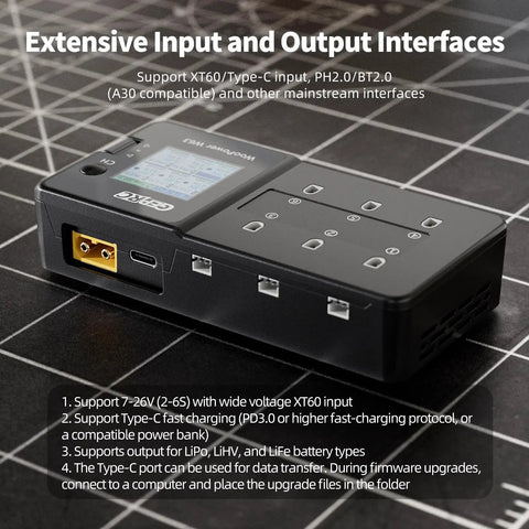 W63 FPV Drone Charger With Six Independent Ports featuring XT60, Type-C, PH2.0, BT2.0 connectors on black surface.
