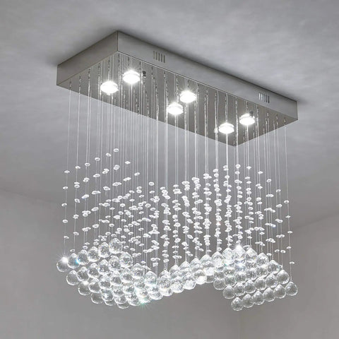 Modern K9 Crystal Raindrop Chandelier Rectangular Flush Mount For Kitchen Island And Dining Room, stainless steel, clear crystal drops.
