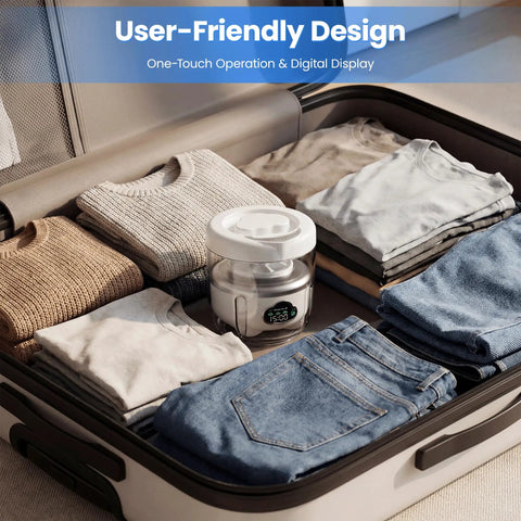 Slick Foldable Mini Washing Machine With 1.6 Liter Capacity And Rechargeable Power for easy washing in a suitcase with packed clothes.