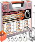 Front view of 185-piece 304 stainless steel worm gear hose clamps kit, 1/4-2 in range, in clear case with metal strap