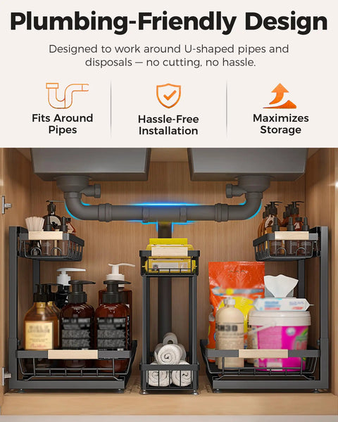 Score Big On Home Organization With This Hella Spacious Three Pack Under Sink Organizer Height Adjustable Storage Rack In Black For Spray Bottles And Cleaning Crew featuring adjustable metal shelving around pipes.