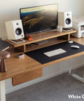Straight Up Solid Hardwood Ergonomic Standing Desk With Sleek Dual Drawers For Chill Work From Home Setup And Premium Walnut Gray Finish You Will Definitely Love, showcasing a white oak finish and accessories.