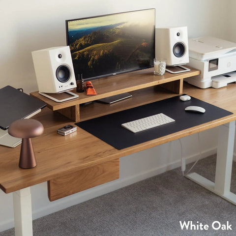 Straight Up Solid Hardwood Ergonomic Standing Desk With Sleek Dual Drawers For Chill Work From Home Setup And Premium Walnut Gray Finish You Will Definitely Love, showcasing a white oak finish and accessories.