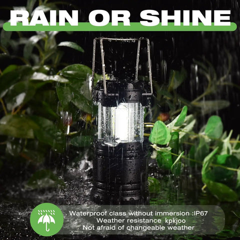 Collapsible Camping Lantern 4 Pack Battery Operated LED Super Bright Light for power outages, in rain amongst plants.