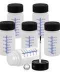 Six Pack 2 Ounce Empty Paint Touch Up Bottles With Brush Applicator And Mixing Marbles displayed with lids and measuring marks