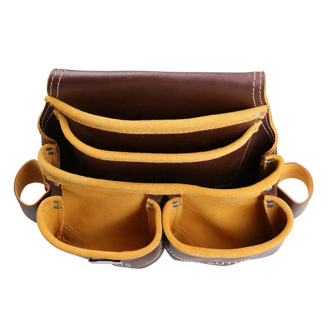 Oil Tanned Leather Nail Pouch Bag In Cherry With 5 Pockets And 2 Snap Loops For Carpenters, Framers, Construction Pros, And Handymen