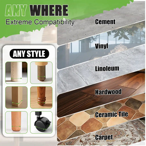 Compatibility chart for Heavy Duty Non Slip Furniture Pads 2 By 2 Black Rubber Cups on cement, vinyl, linoleum, hardwood, tile, carpet surfaces.