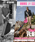Comparison of man using generic leaf blower and woman using Pink 21V Cordless Leaf Blower With Six Speed Levels in garden