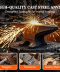 65 Pound Cast Steel Anvil With Multi Head Shape Round Horn in use for forging, sparks flying, ideal for metalworking projects.