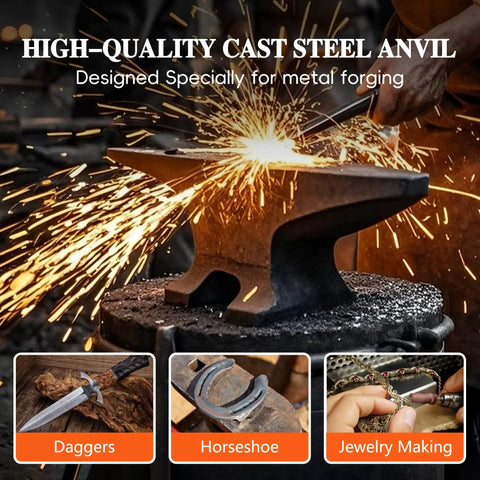 65 Pound Cast Steel Anvil With Multi Head Shape Round Horn in use for forging, sparks flying, ideal for metalworking projects.
