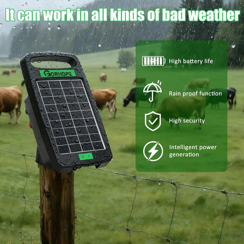 Go To Solar Fence Charger Energizer with 0.11J output attached to fence post in rain, cows in pasture background