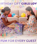 Two girls opening Unicorn Slime And Crystals Science Kit For Kids Ages 8 To 12, Over 100 Cool Experiments, in a festive room.