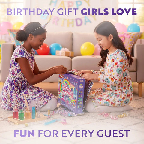 Two girls opening Unicorn Slime And Crystals Science Kit For Kids Ages 8 To 12, Over 100 Cool Experiments, in a festive room.