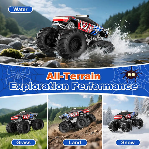 Amphibious 1to18 Scale RC Monster Truck With 4WD And Waterproof Build All Terrain Off Road Pickup Remote in water, grass, snow