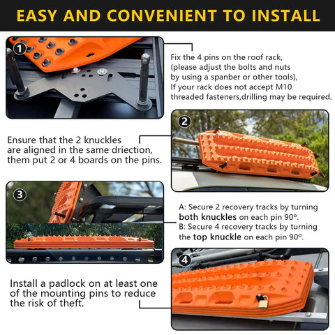 Installation guide for Lockable Mounting Pins For MKII Recovery Traction Boards 4 Pack Theftproof Safety Hardware on vehicle rack.