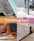 Different rugs slipping on hardwood floors with text 'Troubling You?' highlighting 12 Pack Double Sided Non Slip Rug Pad Gripper For Hardwood Floors And Tile Washable Carpet Tape Underlay Corner Side Gripper Keeps Area Rugs From Slipping With Strong Adhesion And Reusable Grip For Easy Placement And Repositioning