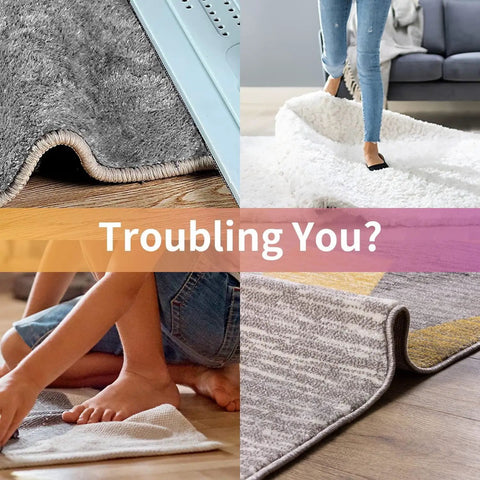 Different rugs slipping on hardwood floors with text 'Troubling You?' highlighting 12 Pack Double Sided Non Slip Rug Pad Gripper For Hardwood Floors And Tile Washable Carpet Tape Underlay Corner Side Gripper Keeps Area Rugs From Slipping With Strong Adhesion And Reusable Grip For Easy Placement And Repositioning