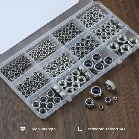 206 Piece Metric Lock Nuts And Hex Nuts Assortment Kit Nylon Insert Nylock 304 Stainless Steel M3 To M10 on wooden surface
